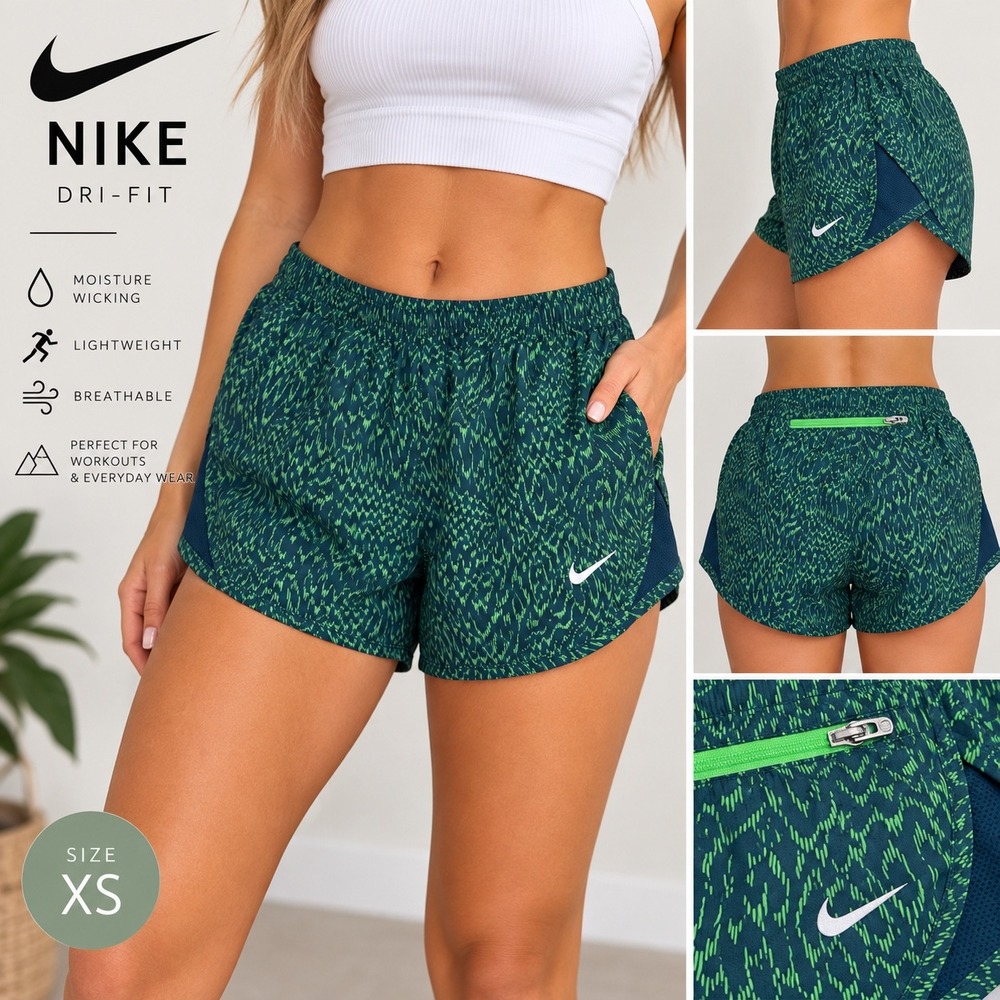 Nike Dri-FIT Womens XS Running Shorts Teal Green Abstract Print Zip Pocket